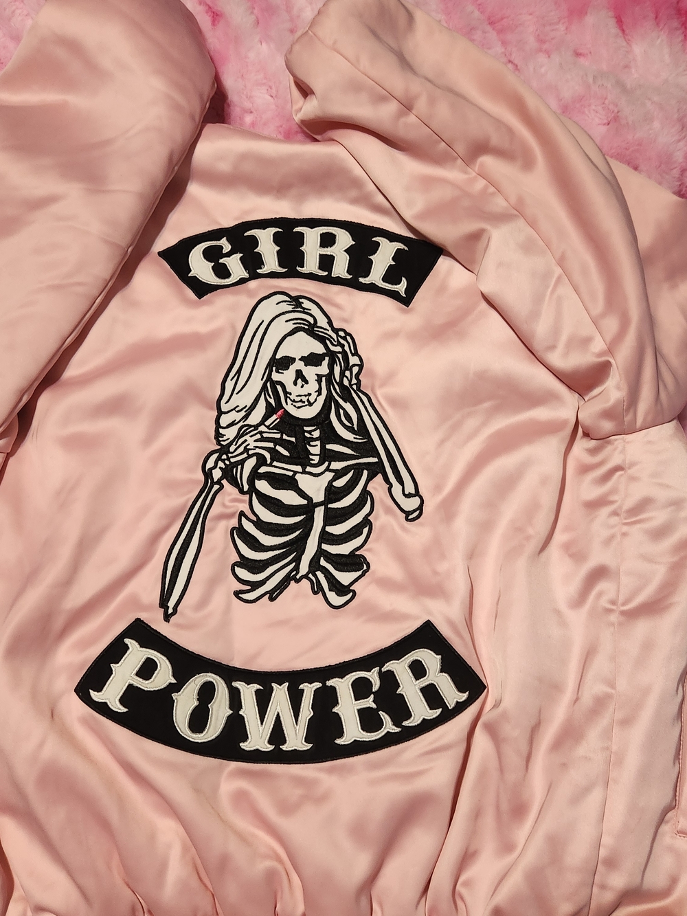 Pink Satin Bomber Jacket with 'Girl Power' Embroidered Back